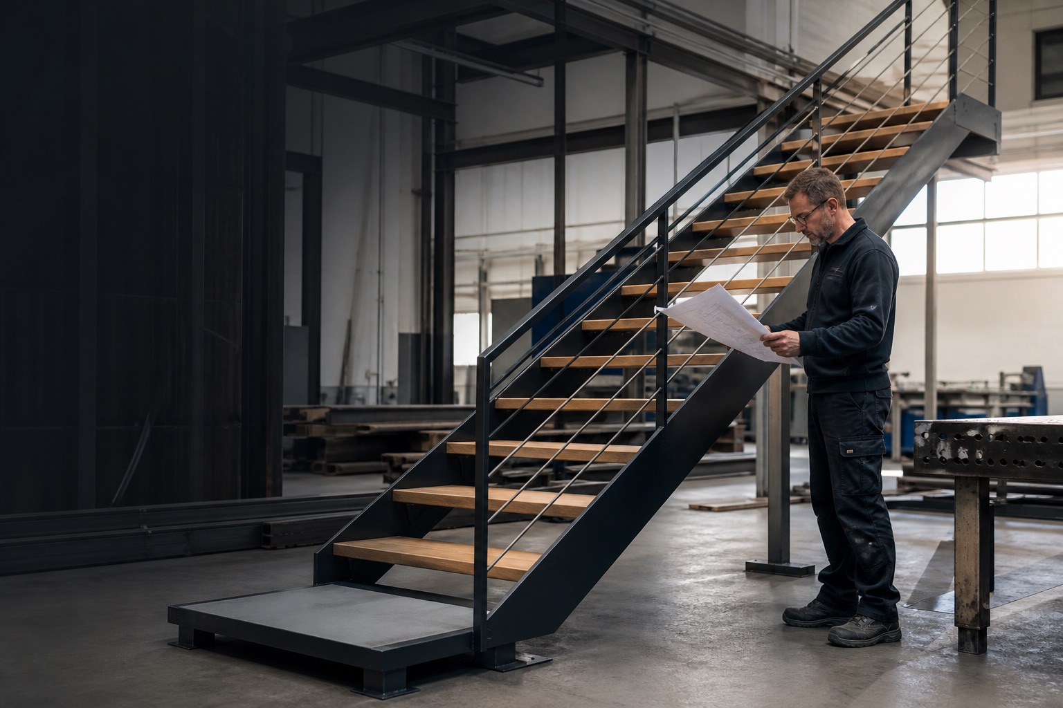 Fertigung einer maßgeplanten Stahl-Holz-Treppe in einem europäischen Metallbaubetrieb